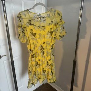 Asian Style Dress - Size Appears to be EU S - Yellow w/ Flowers & Buttoned Back